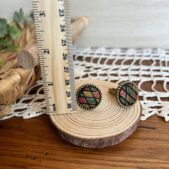 Sarah Coventry Vintage Gold Tone Enamel Harlequin Geometric Cufflinks Round - Picture 5 of 5